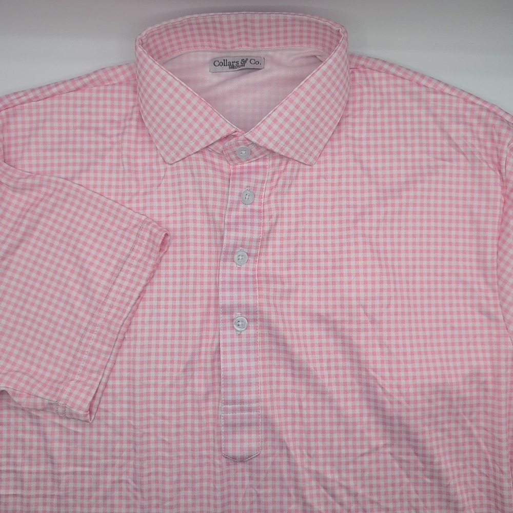 Collars and Co Dress Collar Polo Shirt Mens M Pink Gingham Check Performance - Picture 2 of 10